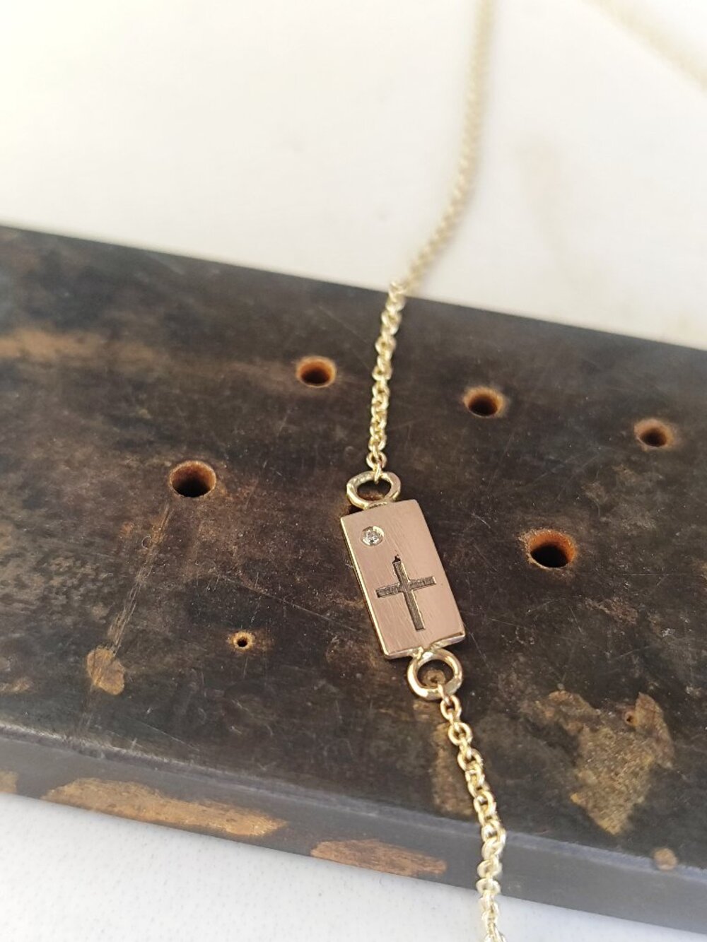 Custom 14k Yellow Gold Cross Necklace, accent diamond, Engraved Religious
